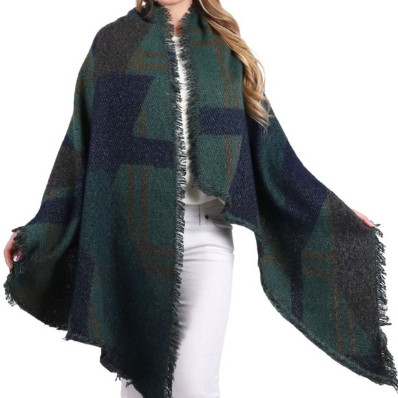 Cozy Abstract Plaid Green/Blue Fall/Winter Scarf 100% Viscose / Size 51" X 53" - Picture 1 of 6